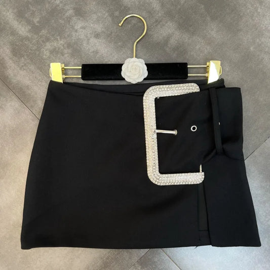 PREPOMP 2022 Summer New Arrivals Rhinestone Buckle Black Slim Bodycon Mini Skirt Women GF359