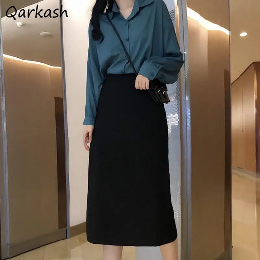 Skirts Women Black Colleges Midi Solid Simple S-4XL Chic All-match Casual Daily Ulzzang Lady Spring Summer Back Elastic Waist